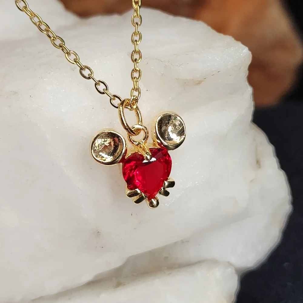Mickey Mouse Red Heart Swarovski Crystal Luxury 14K Gold Plated Chain